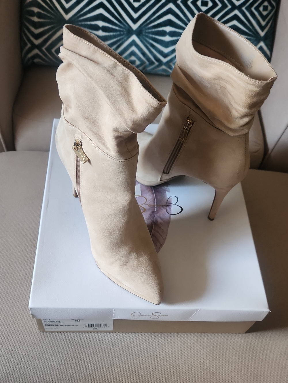 Jessica Simpson Beige Suede Pointed-Toe Stiletto Ankle Boots